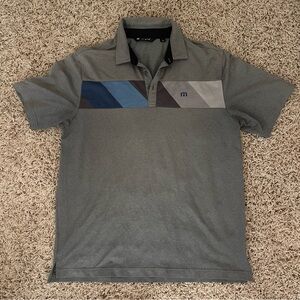 Travis Mathews Men's Gray Polo Shirt with Blue and Black Accents